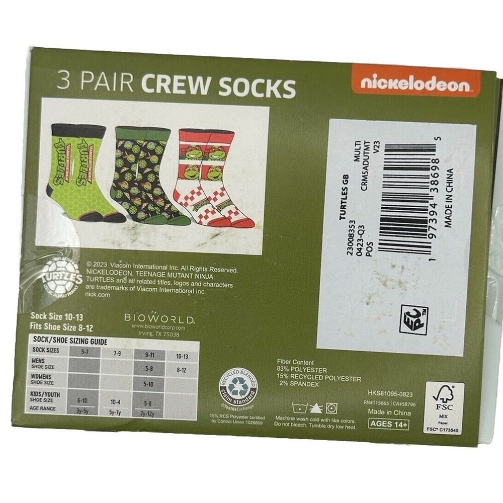 Teenage Mutant Ninja Turtles Mens 3 Pack of Crew Socks Sock Size 10-13 Novelty